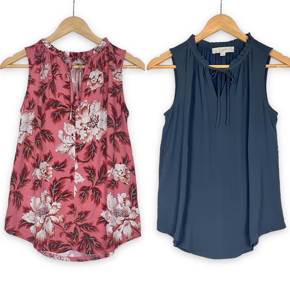 LOFT Two Sleeveless Shells Ruffle Neck Tie Mixed Media Tank Tops XSP XS Petite